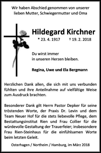 Traueranzeigen Von Hildegard Kirchner Harztrauer De