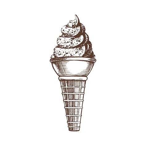 Um esboço desenhado à mão de um cone de waffle iogurte congelado ou