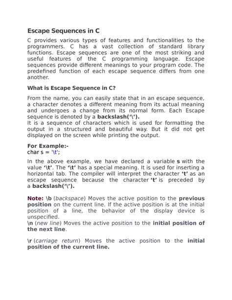 Escape Sequence In C C Has A Vast Collection Of Standard Library Functions Escape Sequences
