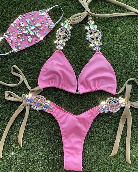 Sexy Rhinestone Bikini Vrouwen Solid Roze Sequin C Grandado