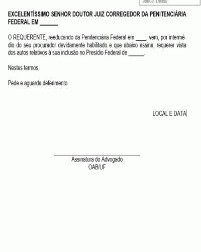 Referência para Petição Vista dos Autos Presídio Federal Modelo Gratuito