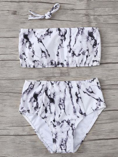 Marble Print Bandeau With High Waisted Bikini Set Swimsuits High