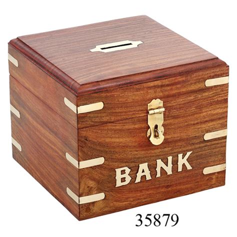 Indian Handicrafts Sheesham Natural Wood Money Bank With Metal Brass