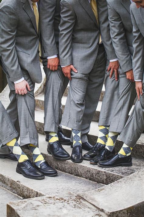 Picture Of Light Grey Suits Yellow And Grey Socks For The Groomsmen