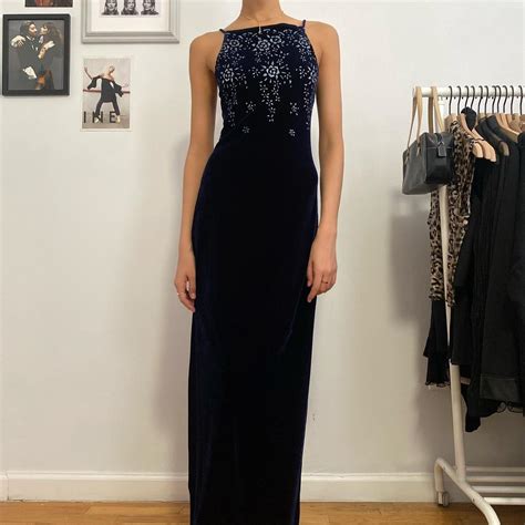 Vintage Velvet Dress 90s Navy Blue Velvet Maxi Depop