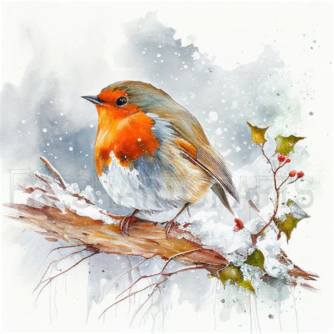 Winter Robin Watercolor Art Bird Painting Winter Home Decor Bird