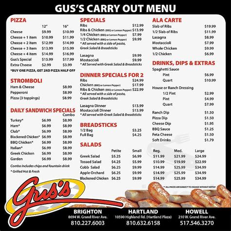 Gus's Carry Out menu in Brighton, Michigan, USA