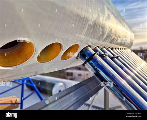 Assembly Of Solar Hot Water Tank Stock Photo Alamy
