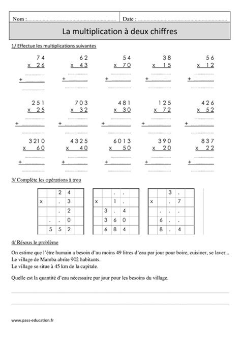 Multiplication à 2 chiffres Cm1 Révisions à imprimer Pass Education