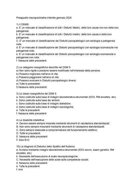 Domande Preappello 2024 Neuropsichiatra Infantile Crocette Domande