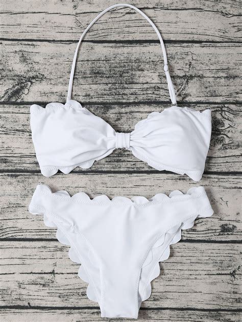 Off Halter Scalloped Edge Bandeau Bikini Set In White