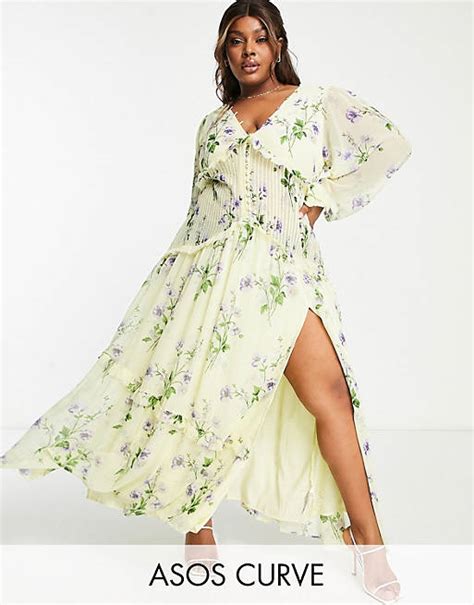 Asos Design Curve Button Through Pintuck Maxi Dress In Yellow Floral