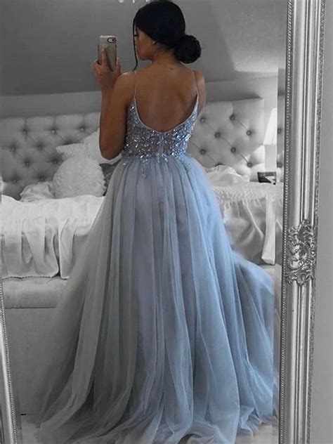 A Line V Neck Open Back Beaded Gray Long Prom Dresses Backless Gray F