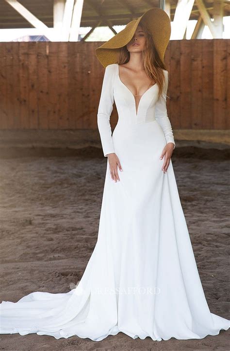 Ethereal Satin A Line Plunging Neckline Brush Train Wedding Dress