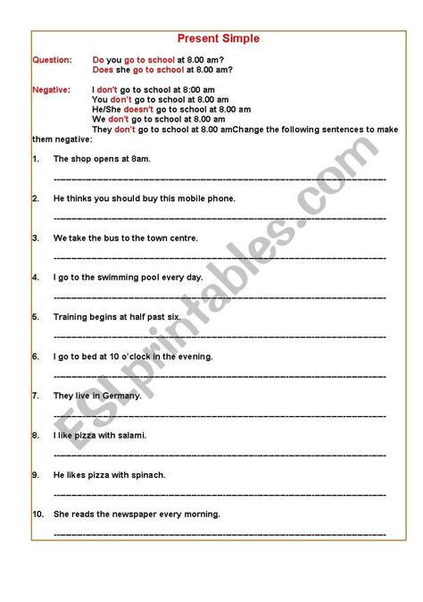 Simple Present Negative Worksheet