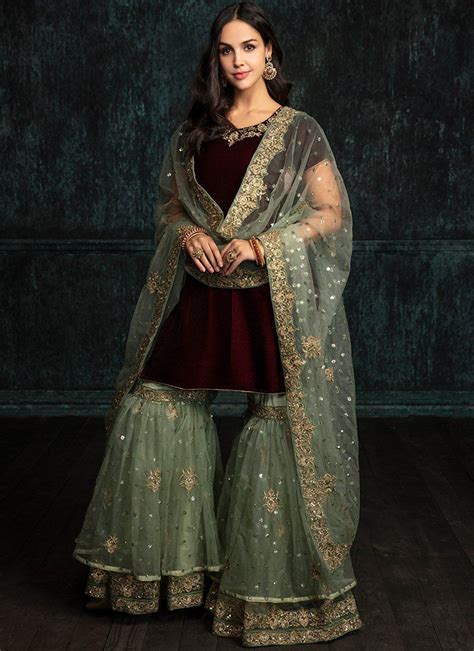 Wine And Mint Velvet Gharara Suit Lashkaraa Gharara Designs