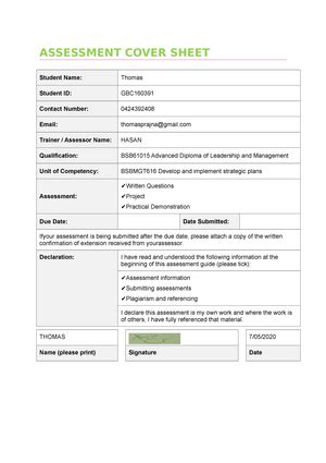 Bsbfim 601 Finance Management ASSESSMENT COVER SHEET Student Name