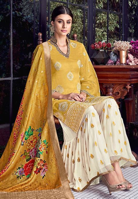 Yellow Silk Embroidered Sharara Suit Bollywood Fashion Pakistani