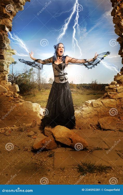 Magician Woman Devastating Ancient Ruins by Power of Lightning Stock ...