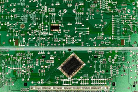 components of microprocessor devices are installed on a printed circuit ...