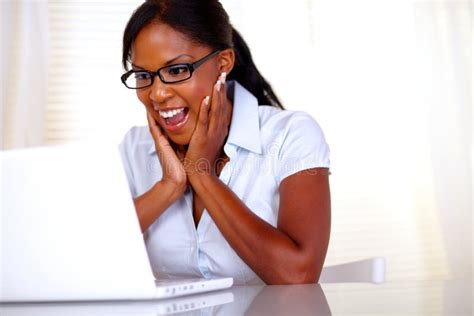 Excited Woman With A Laptop Stock Photo Image Of Cheerful Excitement