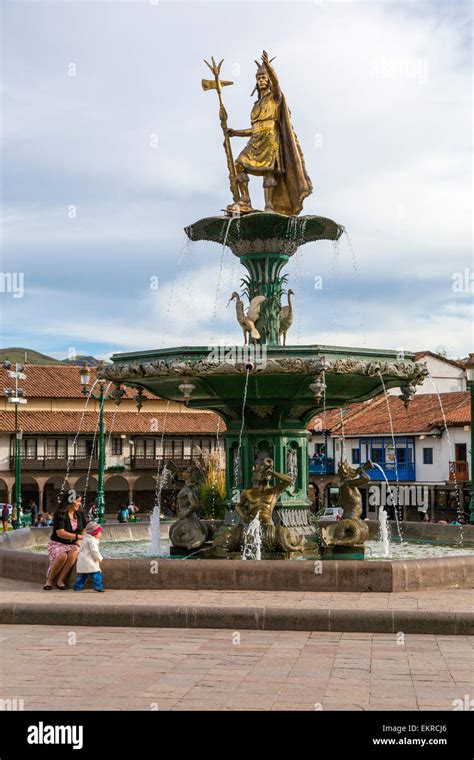 Peru Cusco Fountain With Inca King Pachacutec Plaza De Armas Stock