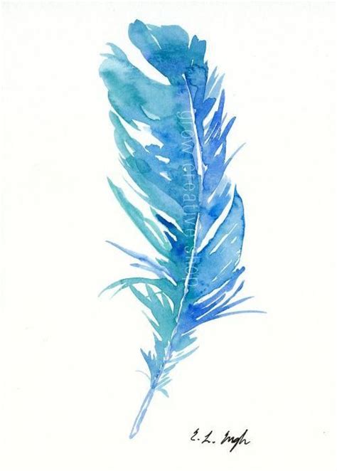 Blue Teal Bird Feather Original Watercolor Painting 5x7 Blue Bird