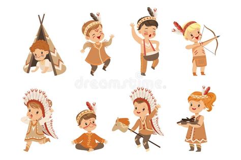 Kids In Native Indian Costumes And Headdresses Having Fun Set Children