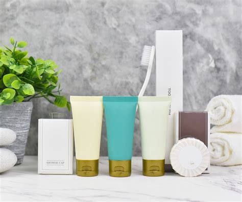 Premium Photo | Bathroom amenities set for hotel service cosmetic products