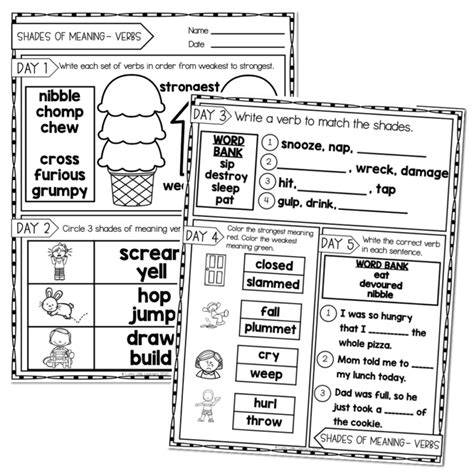 2nd Grade Grammar Worksheets Shades Of Meaning Verbs Lucky Little