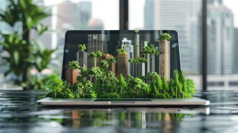 Green Cityscape on a Laptop Screen | Premium AI-generated image