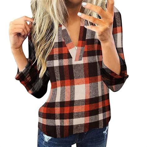 Buy Women Long Sleeve Flannel Plaid Shirt Pullover Sexy V Neck Tops