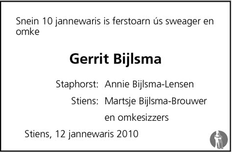 Gerrit Bijlsma 10 01 2010 Overlijdensbericht En Condoleances