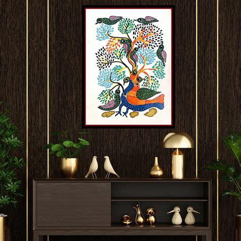 Traditional Gond Art Painting of Peacock and Tree for Home & Office ...