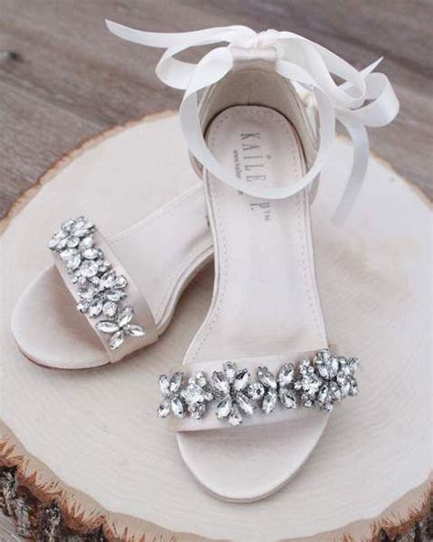 Champagne Satin Block Heel Sandals With Floral Rhinestones On Upper