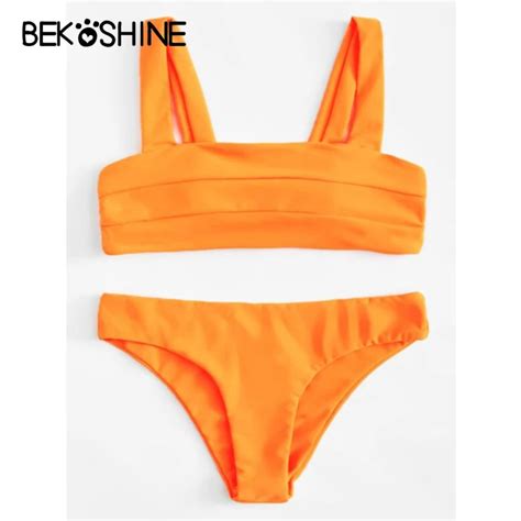 BEKOSHINE Solid Bikini Set Orange Swimwear Push Up Swimsuit Bandage