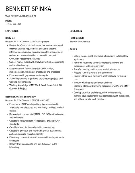 Qc Chemist Resume Samples Velvet Jobs