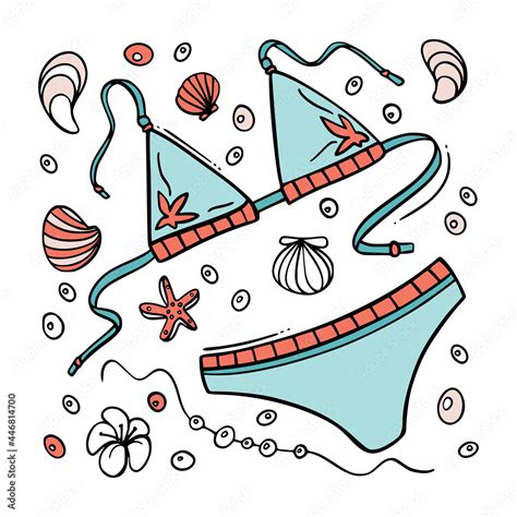 Hand Drawn Swim Suits Bikini Set Doodle Icon In Color Isolated On White Background For T Shirt