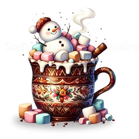 Cute Marshmallow Melting Snowman Overflowing Hot Cocoa Cozy Winter