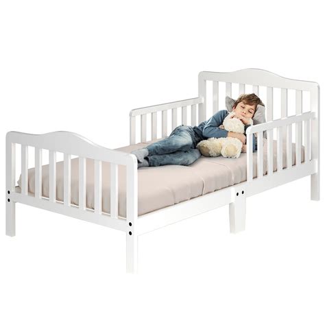 Costway Kids Toddler Wood Bed Bedroom Furniture w/ Guardrails White ...