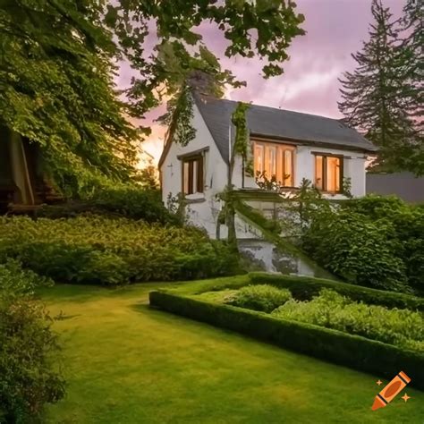 Dawn View Of A House Surrounded By Trees And A Garden On Craiyon