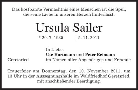 Traueranzeigen Von Ursula Sailer Trauer Merkur De