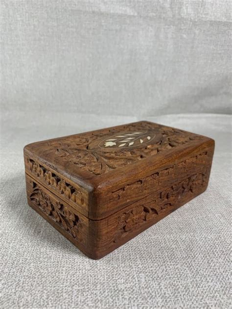 Hand Carved Wood Jewelry Box Vintage Carved Wood Box Flower Inlay