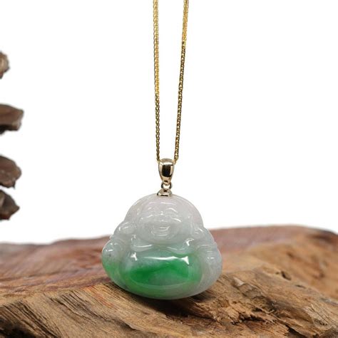 Laughing Buddha Rich Green Jadeite Jade Necklace With 14k Yellow Gold