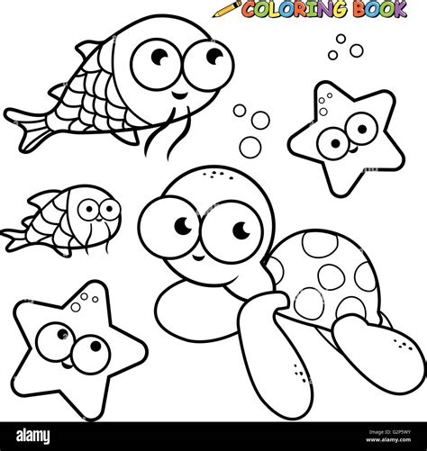 Black And White Outline Images Of Sea Animals Coloring Book Page Stock ...