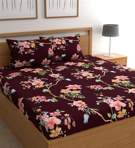 Buy Maroon Floral Tc Microfiber Double Queen Bedsheet With Pillow