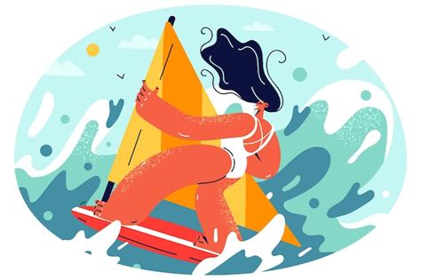 Mujer feliz en bikini surfeando a bordo en el mar sonriente niña activa diviértete haciendo
