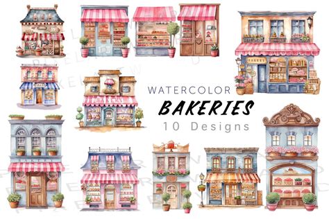 Watercolor Bakery Storefronts Clipart Cute Bakery Shop Cafe Etsy