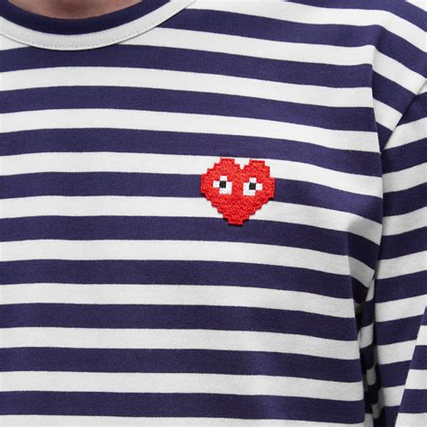 Comme des Garçons Play Invader Heart Striped Long Sleeve T Shirt Navy