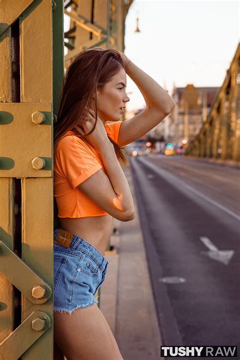 Lovenia Lux Orange Tops Brunette Women Shorts Tushy Raw Long Hair